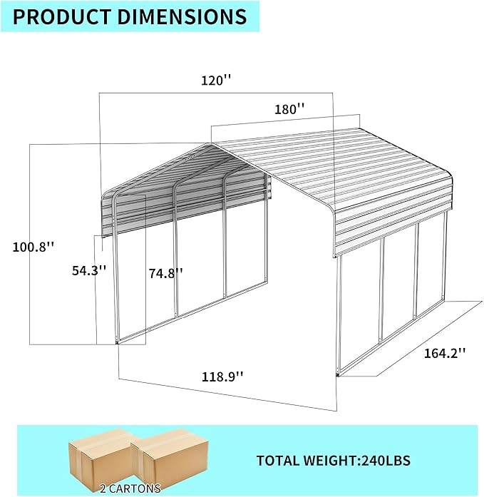 10x15 FT Metal Carport, Heavy Duty Car Port Canopy with Galvanized Steel Roof & Frame, Large Metal Carport Kit, Outdoor Car Garage, Steel Car Shelter for Car, Boat, Truck, Black