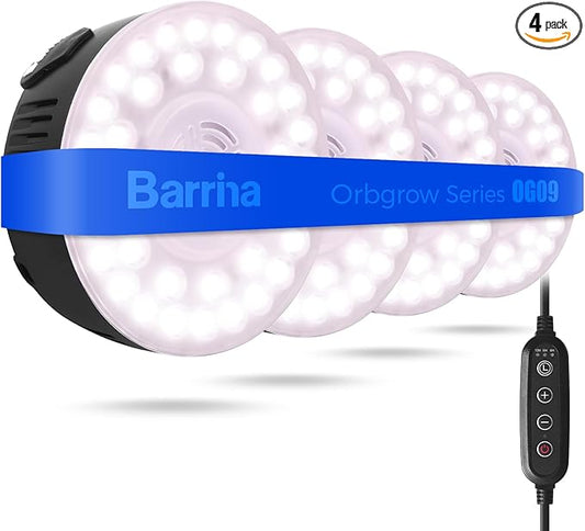 Barrina Orbgrow OG09 Puck Grow Light with Timer, Pinkish White 36W(4 x 9W, 540 Watt Equiv), Full Spectrum Plant Light for Indoor Plants, Magnetic & Linkable, 5 Levels Dimmable, 4 Packs, Black