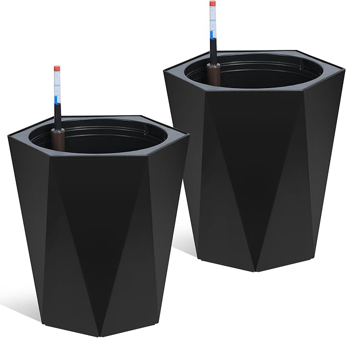 16 Inch Tall Outdoor Planters Set of 2, Self Watering Pots for Indoor Plants with Water Level Monitor & Drainage Hole & Wheels, Large Planter Pots for Garden, Patio, Balcony, Black