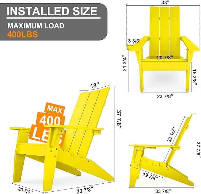 MXIMU Adirondack Chair Set of 2: Modern Adirondack Chairs Fire Pit Chairs Plastic Outdoor Chairs for Lawn Backyard Deck Garden Camping (Yellow)