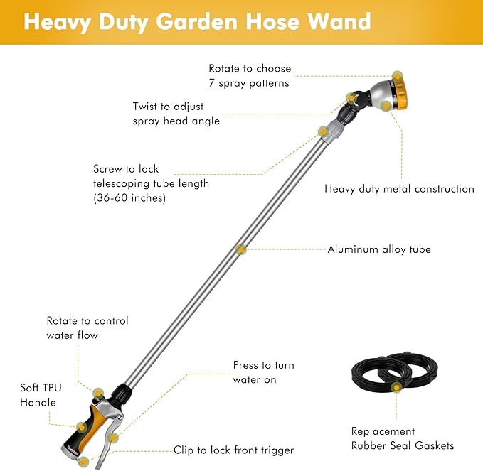 RESTMO Metal Watering Wand, 36”-60” Long Telescopic Tube | 180° Adjustable Ratcheting Head | 7 Spray Patterns | Flow Control, Perfect Garden Hose Sprayer to Water Hanging Baskets, Shrubs, Yellow