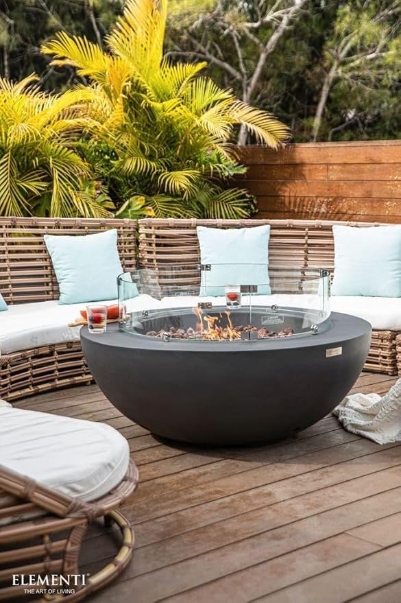 Elementi | Bundle Lunar Gas Fire Pit Cast Concrete 42" Round Fire Table, Outdoor Fire Pit Electronic Ignition | Canvas Cover, Lava Rock Included | Dark Gray (Natural Gas)
