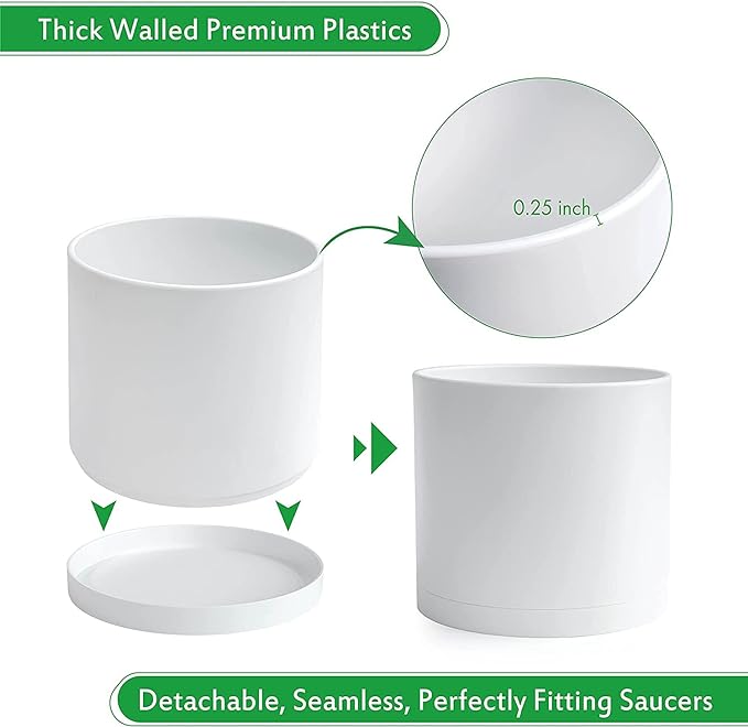 D'vine Dev 8 Inch Plastic Planter Pots for Plant Pot with Drainage Hole and Seamless Saucers, White Color, 74-X-A-1
