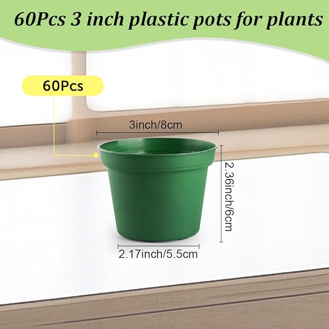60 Pack 3 Inch Nursery Pots for Plants, Seedling Plant Pots with Drainage Holes for Indoor Outdoor Plants, Transplanting, Succulents, Seeding, Cuttings, Gardening Gifts (Green)
