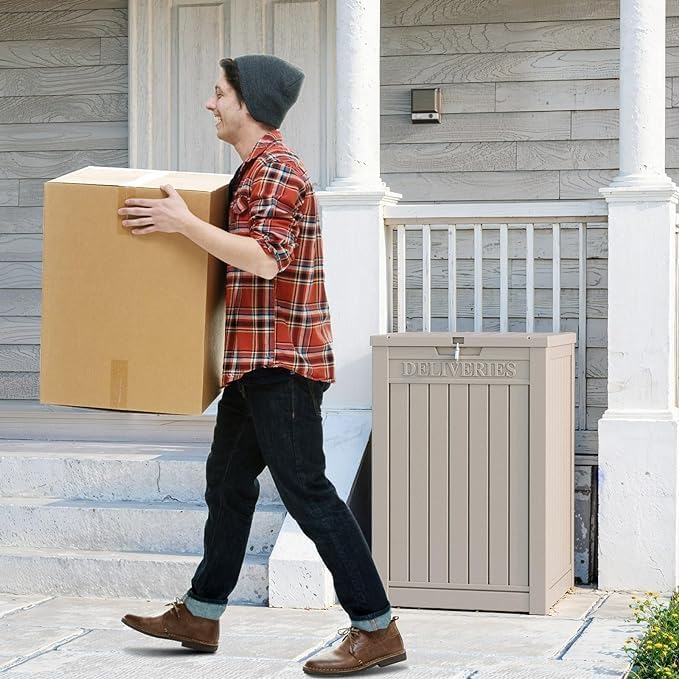 48 Gallon Resin Package Delivery Box - Rust & Moisture Resistant, Lockable, Waterproof Deck Box for Porches, Patios, Indoor & Outdoor Use（Grey，48GAL）