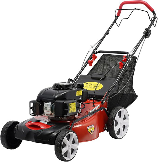 140CC 4 Stroke Walk-Behind Lawn Mower Gas Powered Push Lawn Mower with Wheels and Grass Collecting Bag Grass Trimmer for Yards Gardens Lawns, 8 Adjustable Height, 20-in Cutting Width,5HP