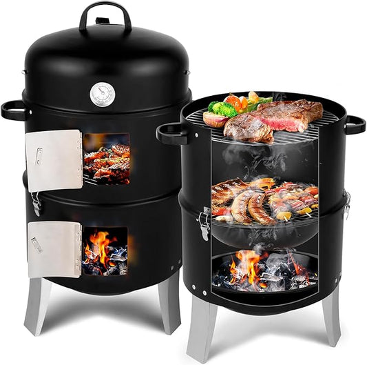3-in-1 Vertical Charcoal Grill, Outdoor BBQ Charcoal Smoker with Built-in Thermometer, Air Vent, and 2 Access Doors, Perfect for Camping, Picnics, Backyard BBQs, and Tailgating Parties