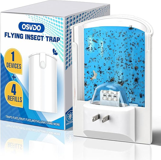 Flying Insect Trap Indoor, Plug-in Fruit Fly Trap for Indoor, Mosquito Killer Gnat Moth Fly Catcher with Night UV Light, Mosquito Attractant Bug Zapper for Home, Office (1 x Device & 4 x Refills)