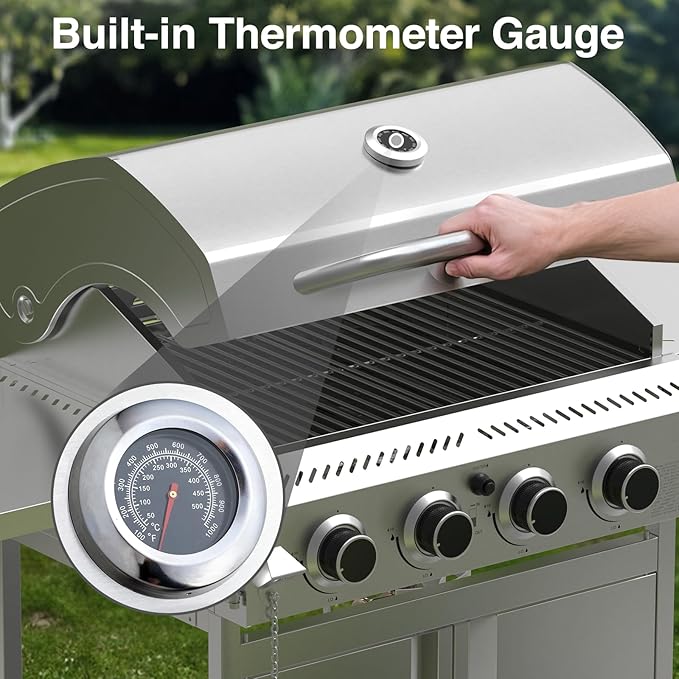 4-Burner Propane Gas Grill with 304 Stainless Steel Cooking Grid, Hanging Hooks/Heat-Resistant Handle, 32000BTU Stainless Steel BBQ Grill with Portable Wheels for Camping/Patio/Backyard