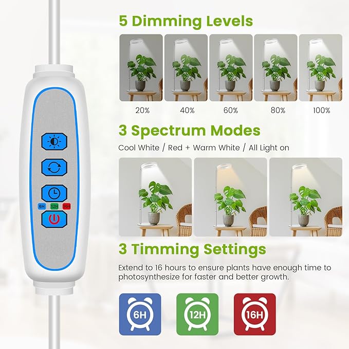 Grow Lights for Indoor Plants, 80 LEDs Full Spectrum Plant Lights for Indoor Growing with 2 Mounting Options, 6/12/16H Timer, 3 Spectrum Modes, 9.8"-37" Height Adjustable Grow Lamp, 2 Pack