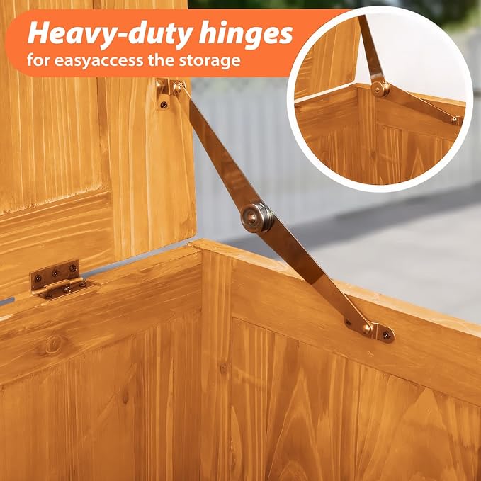 65 Gallon Outdoor Solid Wood Deck Box, Fir wood storage box Deck Box with Sealed Hinged Lid, Furniture Storage Cabine Patio Tool, Backyard Tool, Garden Tool, Pool Equipment, Camping Gear