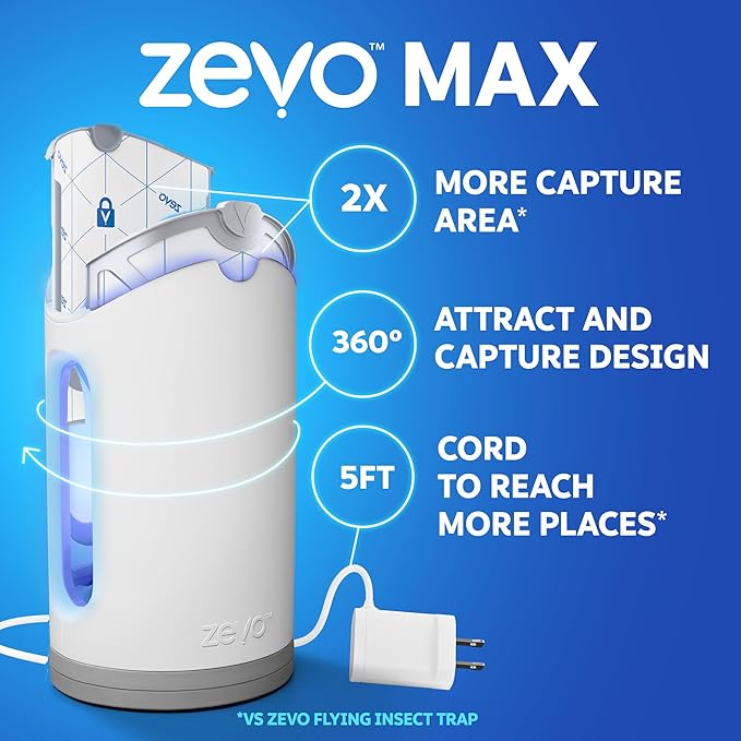 Zevo MAX Bug Catcher & Fly Trap for Indoors - Flying Insect Trap for Gnats, House & Fruit Flies - Use in Any Room - No-Mess Disposal (1 Plug in Base & 6 Cartridges)