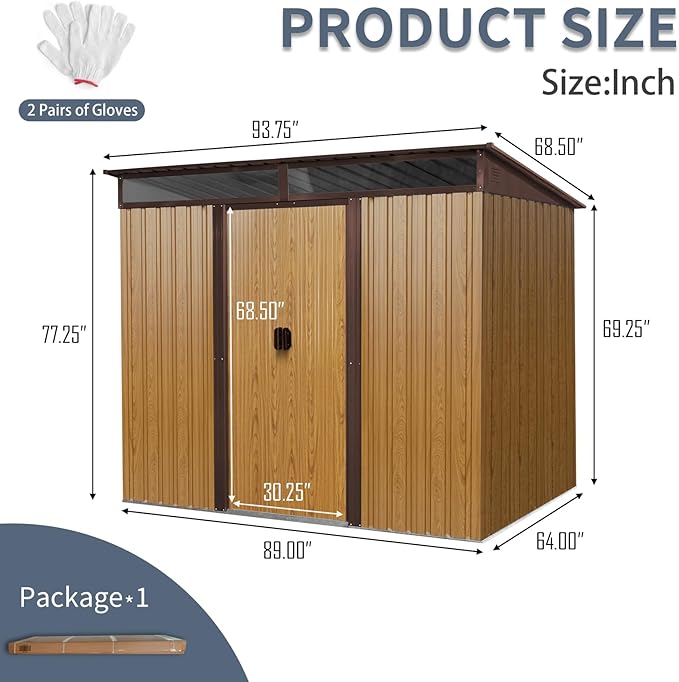 8x6 FT Outdoor Metal Storage Shed with Lockable Sliding Doors and Transparent Plate - Patio Shed for Backyard, Garden, Lawn (Coffee)