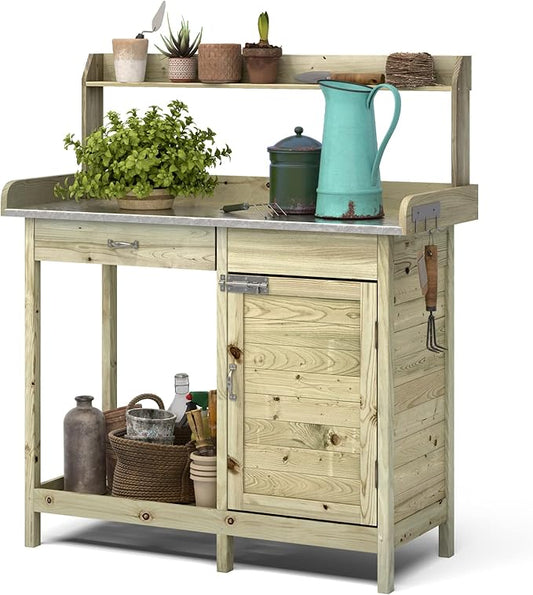 ARNOT Potting Bench,Outdoor Potting Bench Table with Sink and Storage Shelves, Wooden Garden Workstation for Gardening Tools, Planting, and Repotting – Natural Fir Wood (44” x 18” x 49.5”)