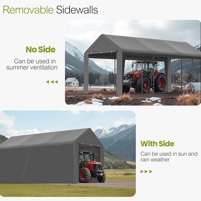 GOJOOASIS 10x20 Carport Heavy Duty Portable Garage Shelter Metal Car Canopy Tent with UV-Resistant & Weatherproof Top Cover for RV & Vehicles (Gray, 10x20 with sidewalls)
