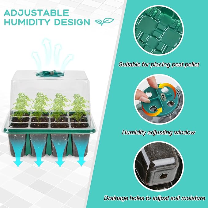 Seed Starter Tray Kit with Grow Light(2025 Upgrade 8 Full-Spectrum LED, Timer, Dimming, Higher Humidity Dome) 5 Pack Seedling Sprouting Trays Indoor Gardening Gifts Supplies Greenhouse Germination Kit