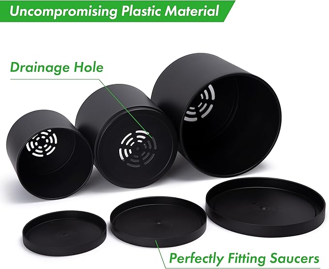 D'vine Dev 6.5 Inch 8 Inch 10 Inch, Set of 3 Plastic Planter Pots for Plants with Drainage Hole and Seamless Saucers, Black Color, Large, 74-V-B-4