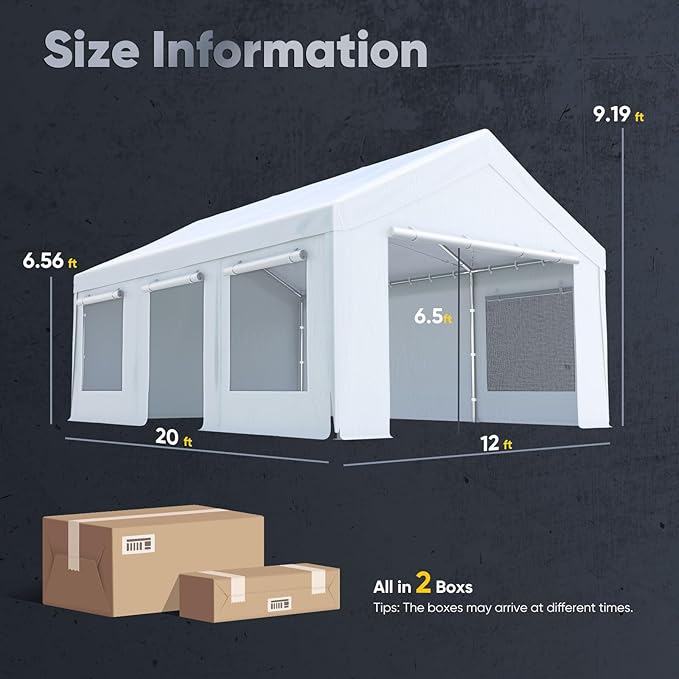 Quictent Heavy Duty 12x20 ft Carports with Side Zipper Doors & Snowproof Steel Cables & Ventilated Windows, Waterproof Storage Shelter for Car, Boat, RV, Outdoor Equipment, White