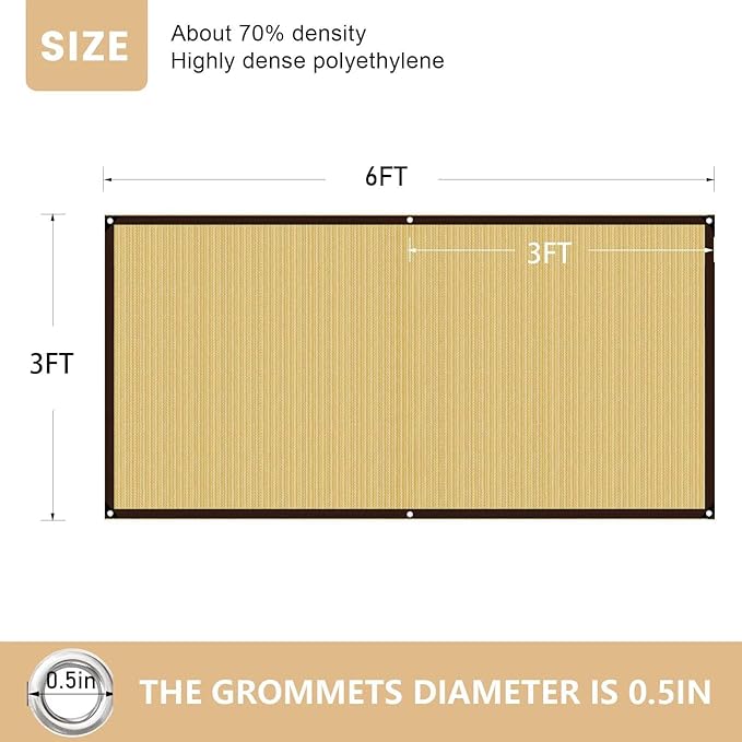 QNLONG Shade Cloth for Garden， 90% Beige Shade Net Mesh Tarp with Grommets Sun Shade Cover Tear Resistance for Plants Greenhouse Chicken Coop Vegetables Pergola 3x6FT