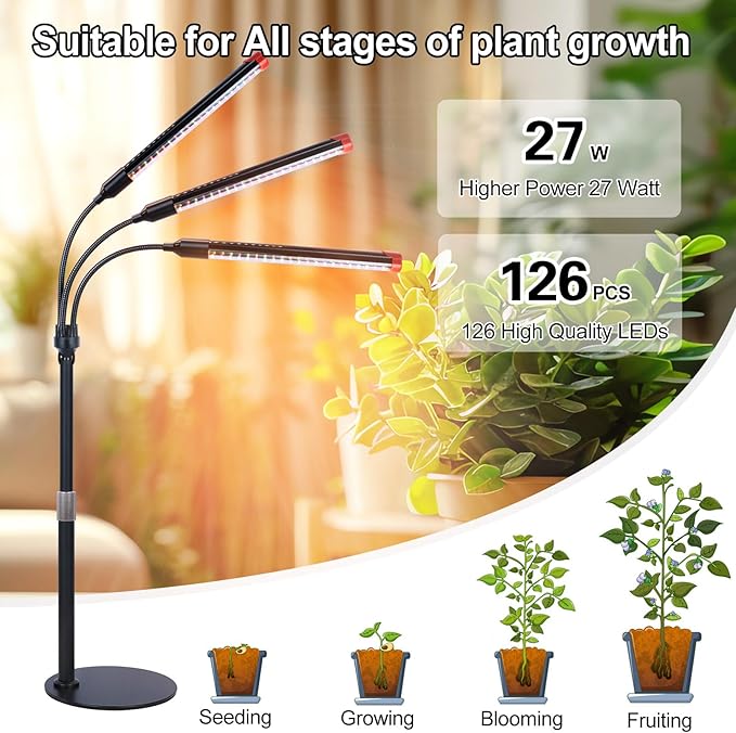 3Head Table Top Grow Lights for Indoor Plants, Seed Starting, Vegetables, Bonsai with Auto On/Off Timer 4/8/12H, 27W Power Full Spectrum Desk LED Plant Growing Lamps, 360° Gooseneck