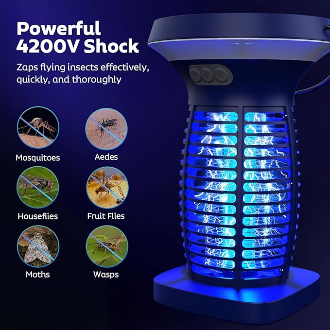 Solar Bug Zapper Outdoor, Mosquito Zapper Outdoor Waterproof Electric Fly Zapper Rechargeable Mosquito Killer with Solar Panel, 4200V Fly Trap Indoor for Home Backyard, Patio, Garden, Camping