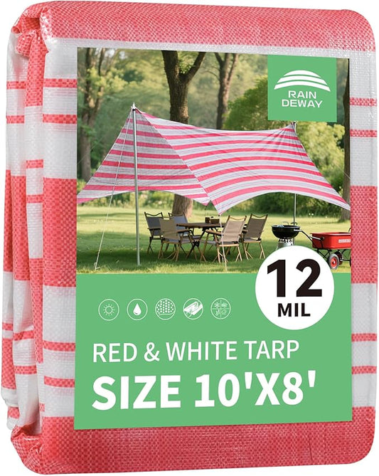 RAINDEWAY Tarps 8x10 Feet,12 Mil Sunshade Striped Tarp Waterproof,Multipurpose Poly Tarp Cover with Grommets and Reinforced Edges,Red/White Tarps