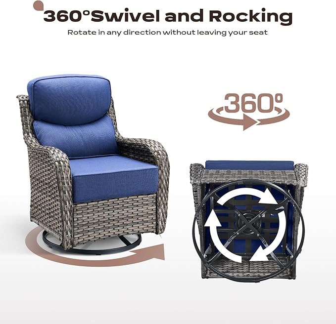Outdoor Patio Swivel Rocker Chairs Set of 2, Waterproof Wicker, High Back, Deep Seating, Wide Armrest, Upgraded 6 inch Thick Cushions, Side Table, Ideal for Deck Porch Yard, Mixed Grey-Blue