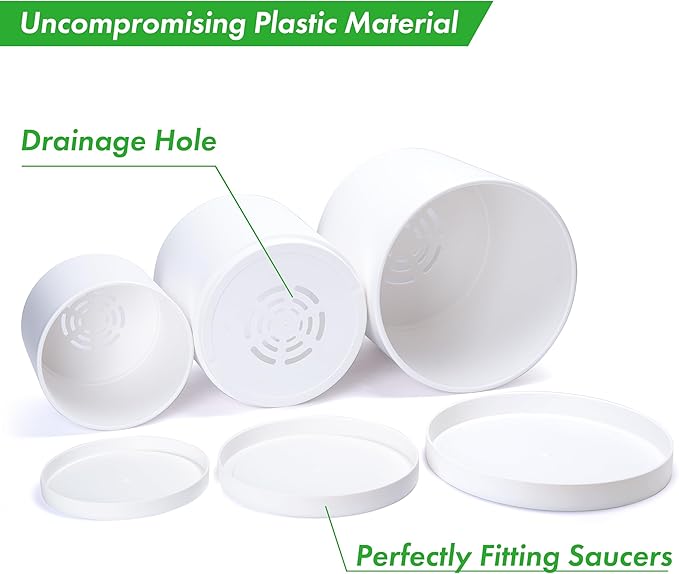D'vine Dev 12 Inch 14 Inch 16 Inch, Set of 3 Plastic Planter Pots for Plants with Drainage Hole and Seamless Saucers, White Color, XXX-Large, 74-V-A-7