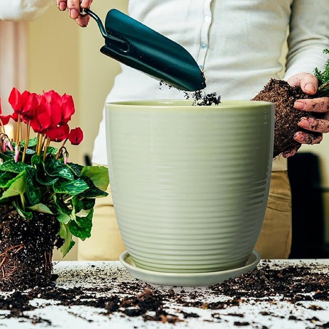 12 Inch Pots for Plants - Round Ceramic Planter with Drainage Hole and Plant Saucer for Flower Indoor Outdoor, Modern Room Office Home Garden Decor, House Warming Gifts, Green
