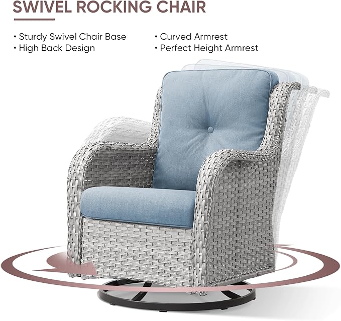Patio Furniture 4 Piece, All-Weather PE Wicker Outdoor Furniture Set with Coffee Table,Outdoor Patio Furniture with Swivel Rocker Chairs and Outdoor Sofa, White Grey/Blue