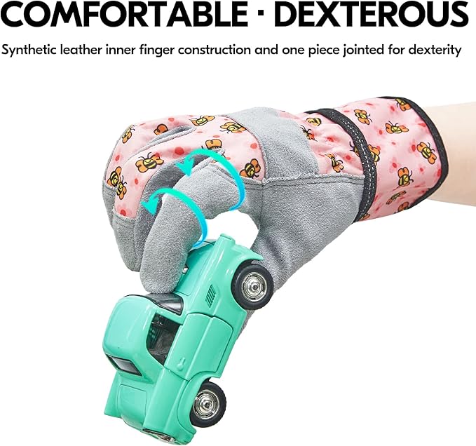 Vgo... 1-Pair Age 4-5 Kids Gardening Gloves,Children Yard Work Gloves,Soft Safety Outdoor Playing Gloves (Size S, Pink Bee, KID-MF3561)