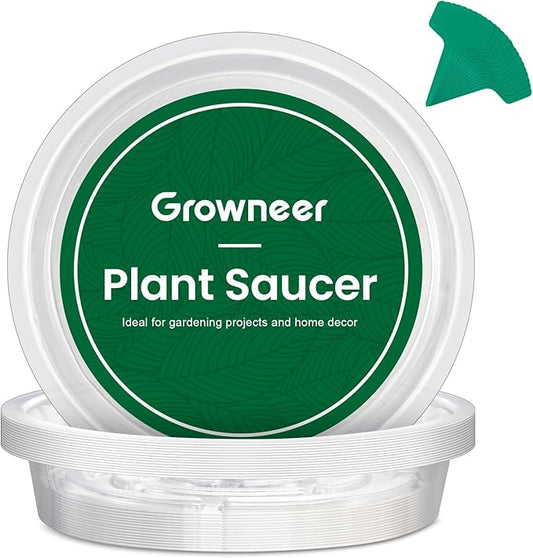 GROWNEER 15 Packs 8 Inches Clear Plant Saucers Flower Pot Trays, with 15 Pcs Plant Labels, Plastic Plant Saucer Drip Trays for Indoor Outdoor Plants Garden