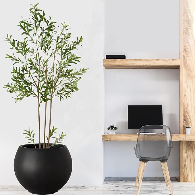 17 H x 21" Dia (15" Pot Opening) Round Fiberstone Planter with Drainage Hole, Black, Indoor/Outdoor Large Plant Pot for Home Patio Garden, Ideal for Large Plants