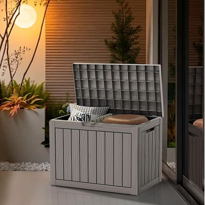 45 Gallon Waterproof Deck Box, Lockable Resin Storage Box for Patio Furniture Cushions Garden Tools and Outdoor Delivery Storage, Coffee