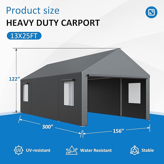 Polar Aurora 13x25 FT Carport, Carport Canopy, Heavy Duty Car Port with 2 Side-Opening Door & Roll-Up Windows, Portable Garage for Car, Truck, Boat, Motorcycle