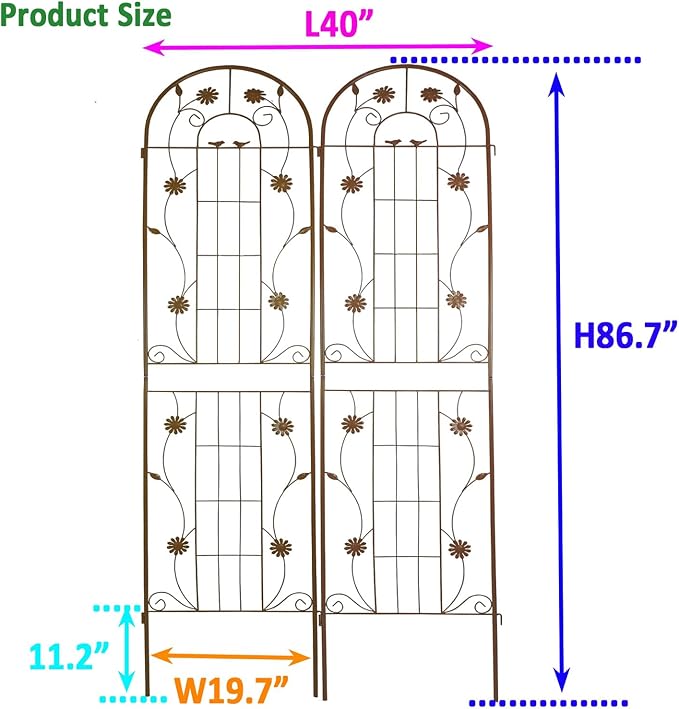 2 Pack Metal Garden Trellis for Climbing Plant Rose Stand, Brown Outdoor 86.7" Tall Flower Support Iron Garden Fence (Brown 86.7" H