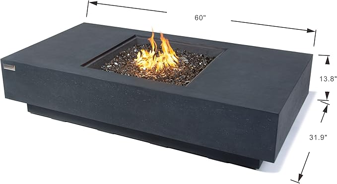 Elementi+ | Bundle Cannes Gas Fire Pit Cast Concrete 60" Rectangular Fire Table, Outdoor Fire Pit Electronic Ignition | Canvas Cover, Fire Glass and Burner Lid Included | Dark Gray | Propane Gas