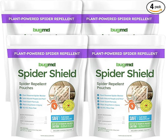 BugMD Spider Shield Repellent Pouches (4 Pack, 16 Pouches) Plant-Based Indoor & Outdoor Spider Repellent | Safe for Pets & Family | Natural Citronella, Rosemary & Lemongrass Oils