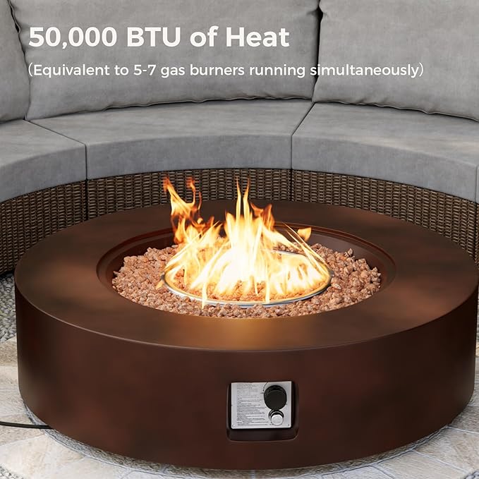 SUNBURY Outdoor 42-Inch Propane Fire Pit,CSA Certified,Dark Brown Concrete Patio Fire Table 50,000 BTU w Waterproof Cover, Lava Rocks