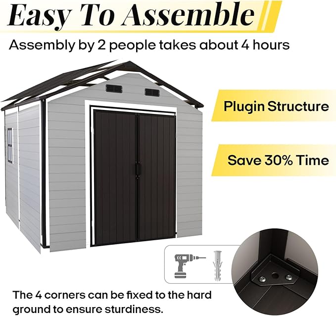 8x8ft Resin Outdoor Storage Shed with Floor and 2 Windows, Plastic Sheds & Outdoor Storage Clearance for Patio Furniture, GardenTools, Bike Accessories and Lawn Mower, Brown+White