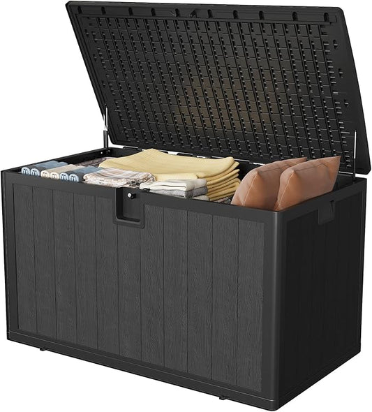 130 Gallon Outdoor Storage Box, Waterproof Deck Box, Lockable Storage Bin, Suitable for Patio Furniture, Pool Accessories, Gardening Tool, Faux Wood Grain Black