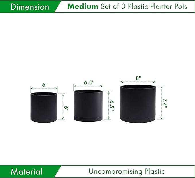 D'vine Dev 6 Inch 6.5 Inch 8 Inch, Set of 3 Plastic Planter Pots for Plants with Drainage Hole and Seamless Saucers, Black Color, Medium, 74-V-B-3