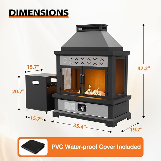 COOS BAY Outdoor Propane Fire Pit 50,000 BTU, Smokelss Gas Fireplace with Locking Mesh Doors and Tank Storage, Adjustable Flame Patio Heater for Deck, Backyard, Black/Gray