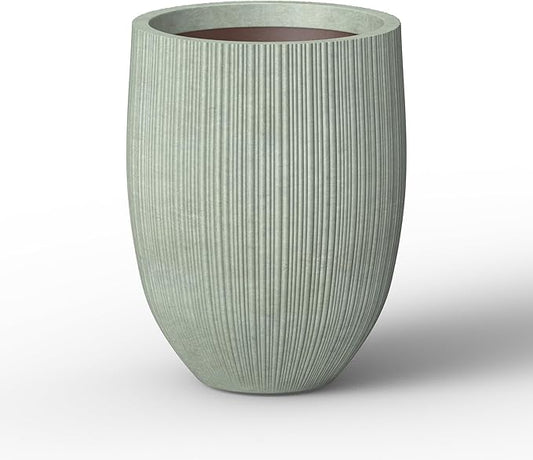 Kante Round Fluted Concrete Planter, 16.9-Inch Dia Barrel-Style Pot with Drainage Hole, Mint Green Finish with Warm Brown Interior, 13.7" Opening, for Indoor and Outdoor Use