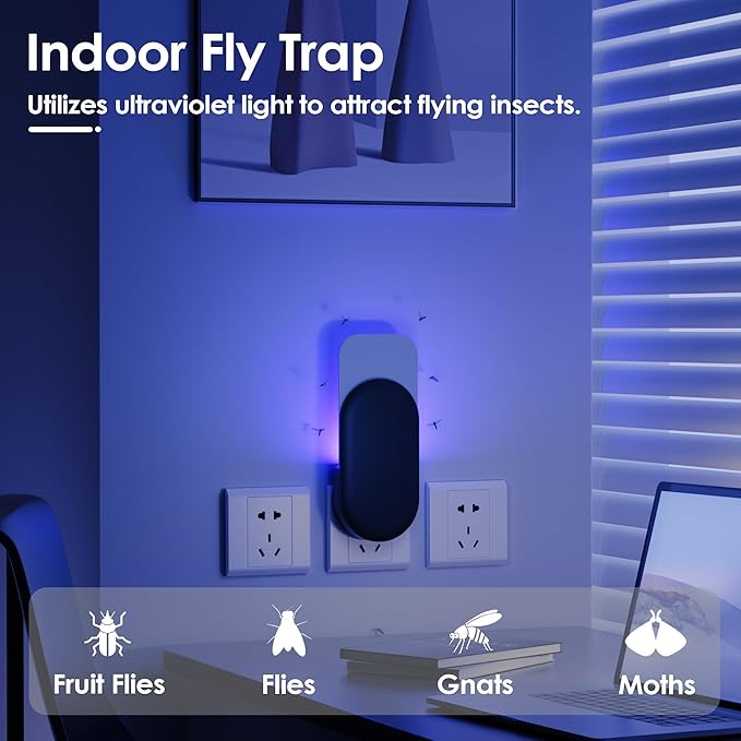 Fly Trap Indoor, 3 in 1 Plug-in Fruit Fly Trap,1 Trap Black and 5 Glue Cards, Fruit Fly Traps for Indoors, Flying Insect Trap for Gnat, Moth, Mosquito, Suitable for Every Part of The Home