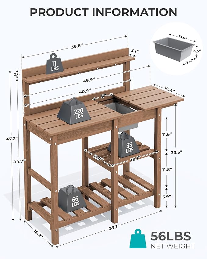 SERWALL Potting Bench Outdoor Potting Table with Sink, HDPE Teak Potting Benches for Outside Gardening Table All Weather Use- Brown