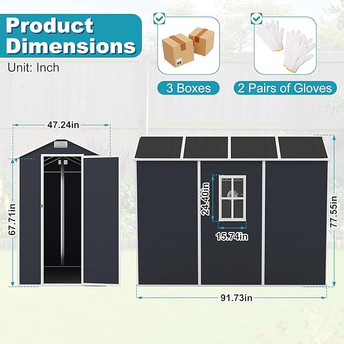 4x8 FT Plastic Outdoor Storage Shed, Resin Plastic Tool Shed with Lockable Doors & Peaked Roof, Garden Shed with Side Window & Floor, for Backyard Garden Patio Lawn, Dark Gray