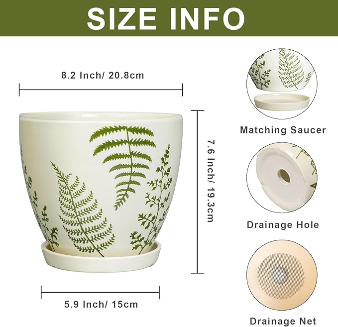 Ceramic Plant Pot 8.2 Inch - Ceramic Planter for Indoor Plants, Boho Round Decorative Outdoor Flower Pot with Drainage Hole and Saucer, Housewarming Gifts, Office Home Garden Decor, White