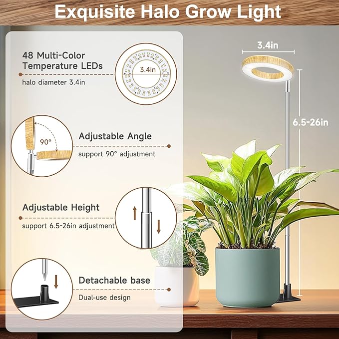 Grow Lights for Indoor Plants, 48 LEDs Full Spectrum Plant Grow Light, Height Adjustable Faux Wood Grain Halo Plant Light with Base, 3 Optional Spectrums, Auto Timer 6/12/16Hrs, 5 Brightness