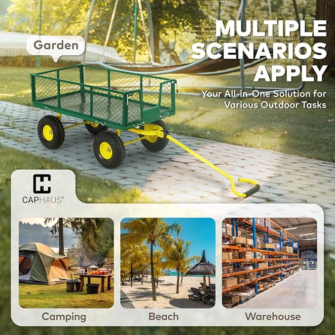 CAPHAUS Metal Green Garden Cart, w/ 180° Adjustable Yellow Handle, w/Mat and Strap, Heavy Duty 880 lbs Capacity, w/ 10” Flat-Free Tires, Sides Removable, Utility Wagon, Yard Cart, for Garden, Farm